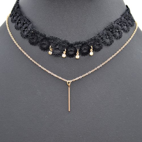 Necklace-choker-Ras-neck-band-lace-and-rhinestones-with-chain-pendant-Bar-Metal-gold-Rose
