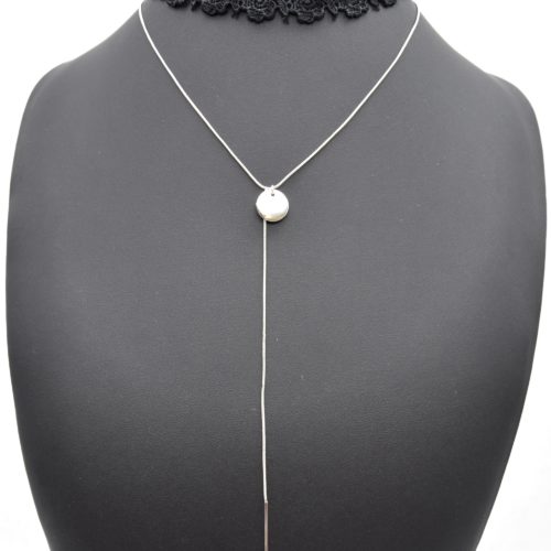 Necklace-choker-Ras-neck-strip-flowers-lace-black-with-chain-circle-and-bar-Metal-Silver