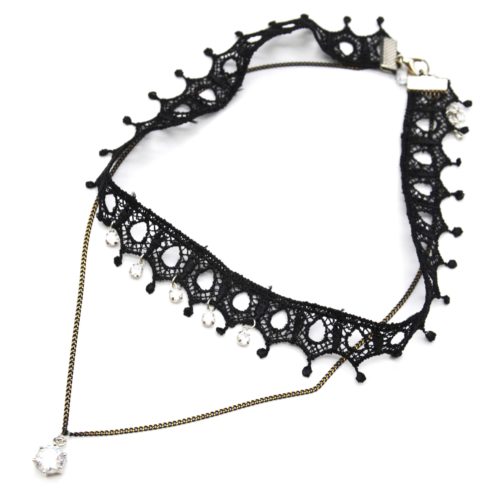 Necklace-Choker-Ras-of-neck-strip-lace-mesh-black-with-rhinestones-and-chain-pendant-Stone