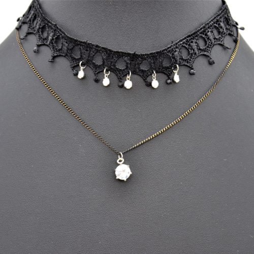 Collier-Choker-Ras-du-Cou-Bande-Dentelle-Ajouree-Noir-avec-Strass-et-Chaine-Pendentif-Pierre