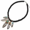 Collier-Perles-Noires-avec-Pendentif-Plumes-Ethnique-Metal-Vieilli-Argente-et-Pierres-Turquoise