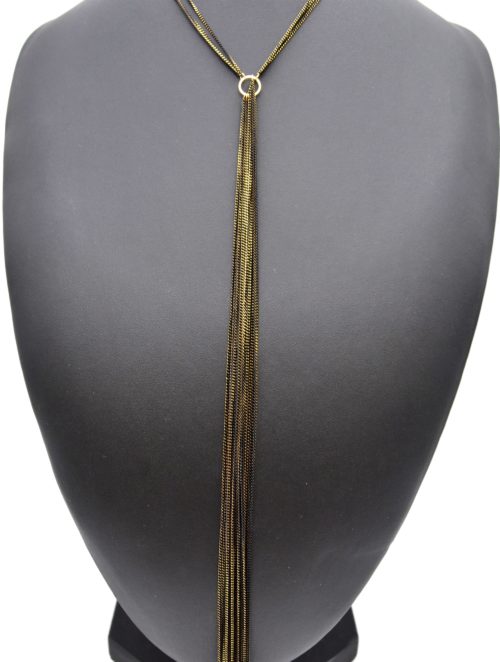 Collier-Ras-du-Cou-avec-Pendentif-Style-Cravate-Multi-Chaines-Metal-Noir-Dore