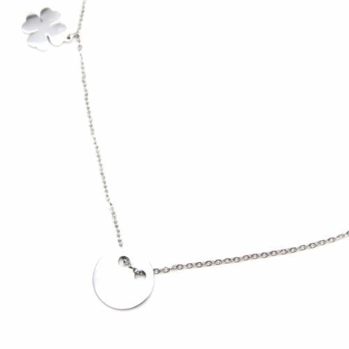 Collier-Fine-Chaine-Pendentif-Medaille-et-Trefle-Acier-Argente