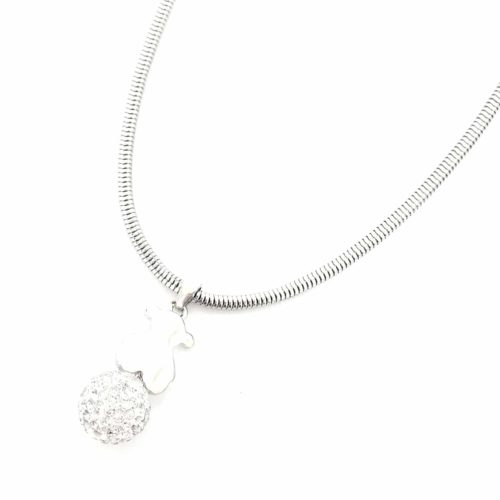 Collier-Pendentif-Ourson-sur-Boule-Strass-Argente