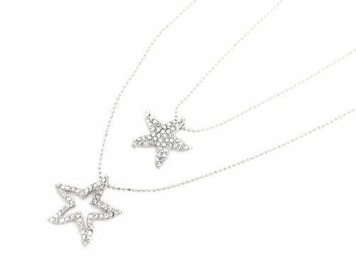 Collier-Double-Chaine-Pendentif-Etoiles-de-Mer-Strass-Argente