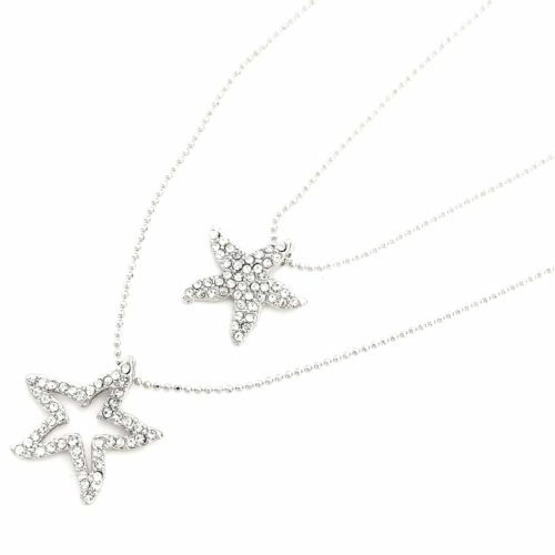 Collier-Double-Chaine-Pendentif-Etoiles-de-Mer-Strass-Argente