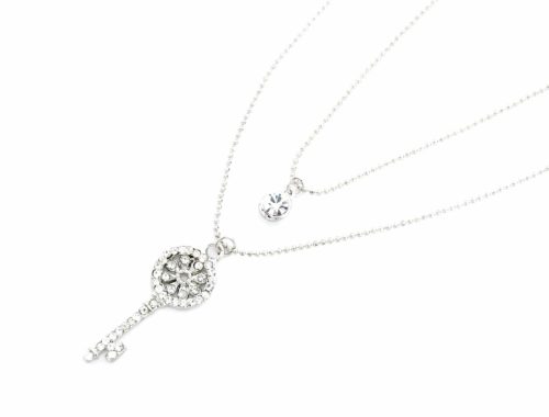 Collier-Double-Chaine-Pendentif-Cle-Strass-Argente