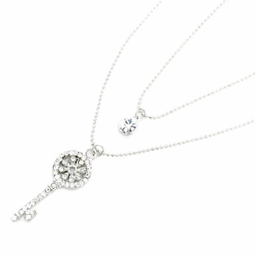 Collier-Double-Chaine-Pendentif-Cle-Strass-Argente