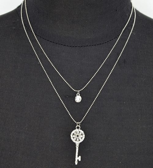 Collier-Double-Chaine-Pendentif-Cle-Strass-Argente
