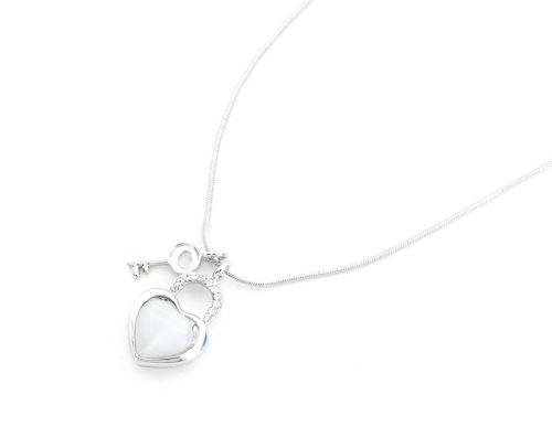 CC398 - Collier Pendentif Coeur Cadenas Résine Strass Argenté et Clé - Mode Fantaisie