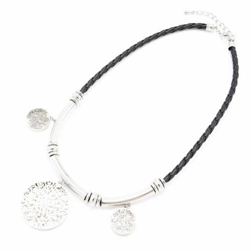 Collier-Cordon-Tresse-Noir-et-3-Motifs-Ciseles-Argente-avec-Cristaux