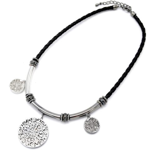 Collier-Cordon-Tresse-Noir-Triple-Pendentifs-Motif-Ajoure-Métal-Gris-avec-Cristaux