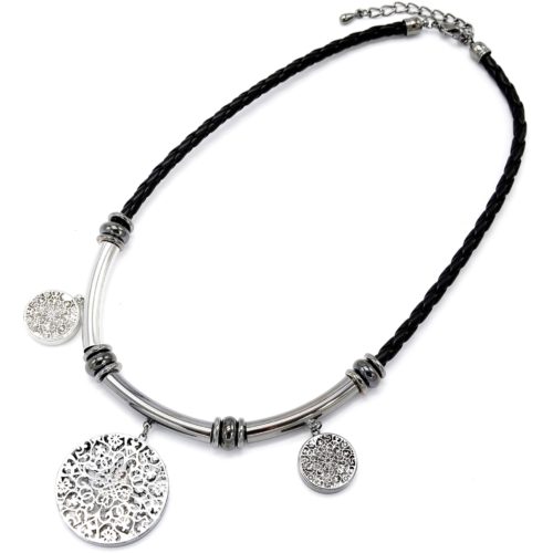 Collier-Cordon-Tresse-Noir-Triple-Pendentifs-Motif-Ajoure-Métal-Gris-avec-Cristaux