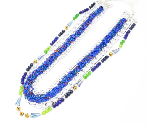 Collier-Multi-Rangs-Chaine-Metal-et-Perles-Rocaille-Bleu