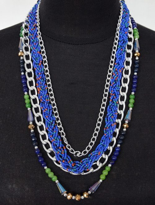 Collier-Multi-Rangs-Chaine-Metal-et-Perles-Rocaille-Bleu