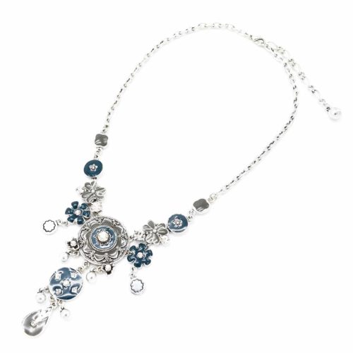 Collier-Pendentif-Cercles-et-Fleurs-Email-BleuGris-et-Metal-Strass