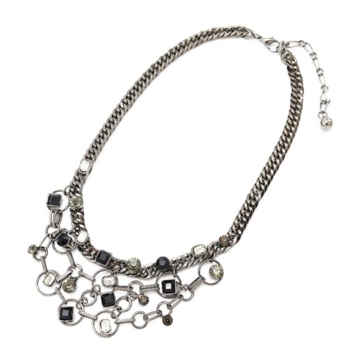 Collier-Plastron-Chaine-Maillons-Pendentif-Multi-Pierres-GrisNoirBlanc