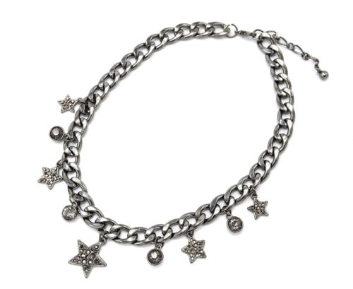 Collier-Chaine-Maillons-Metal-Gris-Pendentif-Etoiles-Strass