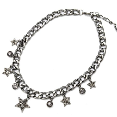 Collier-Chaine-Maillons-Metal-Gris-Pendentif-Etoiles-Strass