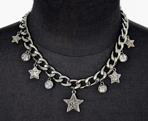 Collier-Chaine-Maillons-Metal-Gris-Pendentif-Etoiles-Strass