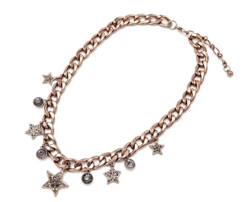 Collier-Chaine-Maillons-Metal-Marron-Pendentif-Etoiles-Strass