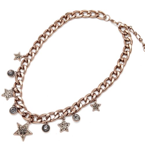 Collier-Chaine-Maillons-Metal-Marron-Pendentif-Etoiles-Strass