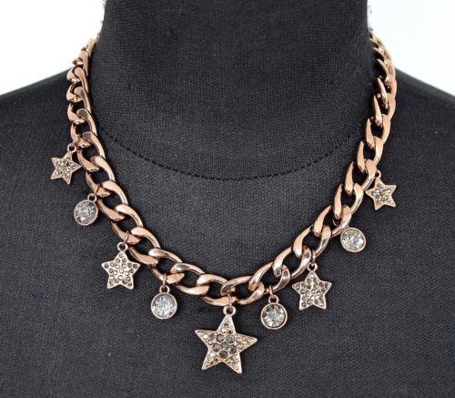 Collier-Chaine-Maillons-Metal-Marron-Pendentif-Etoiles-Strass