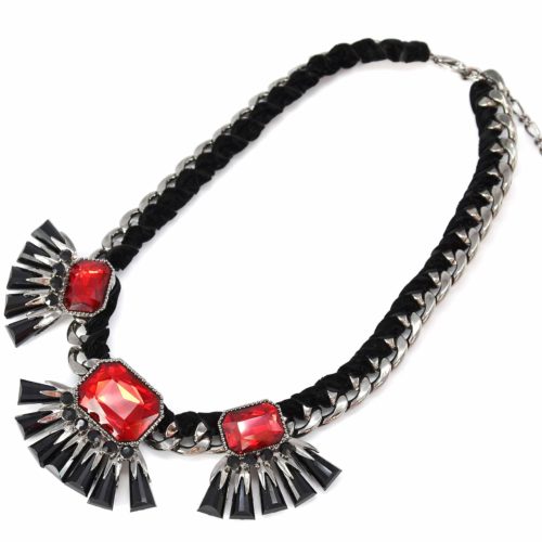 Collier-Plastron-Chaine-Maillons-Ruban-Velours-et-Pierres-NoirRougeGris