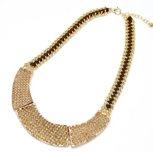 Collier-Plastron-Chaine-Tressee-Ruban-Col-Strass-DoreMarron