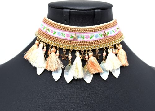 Collier-Bracelet-de-Bras-Ethnique-Indien-avec-Etoiles-Gouttes-Nacre-et-Pompons-Saumon