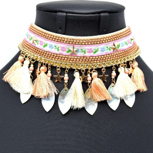 Collier-Bracelet-de-Bras-Ethnique-Indien-avec-Etoiles-Gouttes-Nacre-et-Pompons-Saumon