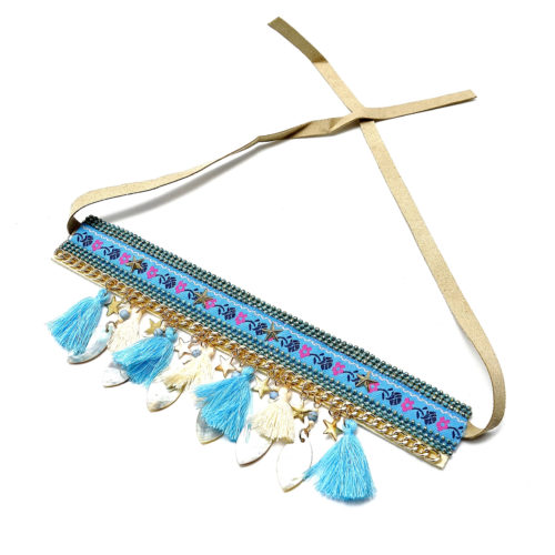 Collier-Bracelet-de-Bras-Ethnique-Indien-avec-Etoiles-Gouttes-Nacre-et-Pompons-Bleu