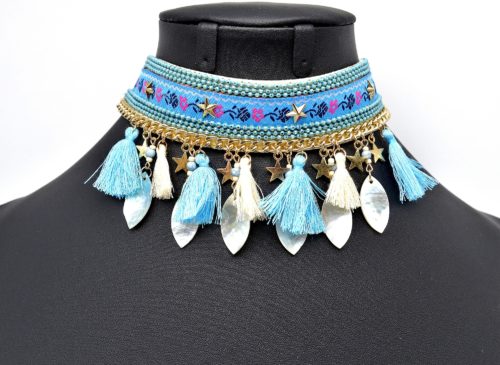 Collier-Bracelet-de-Bras-Ethnique-Indien-avec-Etoiles-Gouttes-Nacre-et-Pompons-Bleu