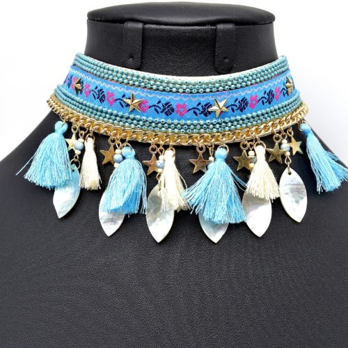 Collier-Bracelet-de-Bras-Ethnique-Indien-avec-Etoiles-Gouttes-Nacre-et-Pompons-Bleu
