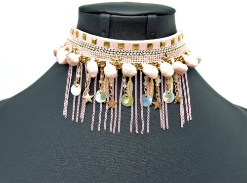 Collier-Bracelet-de-Bras-Ethnique-Indien-avec-Boules-Pompons-Charms-et-Chaines-Rose