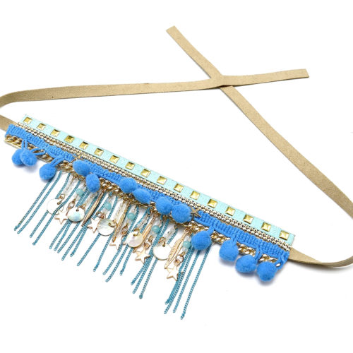 Collier-Bracelet-de-Bras-Ethnique-Indien-avec-Boules-Pompons-Charms-et-Chaines-Bleu