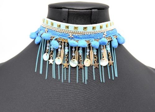 Collier-Bracelet-de-Bras-Ethnique-Indien-avec-Boules-Pompons-Charms-et-Chaines-Bleu