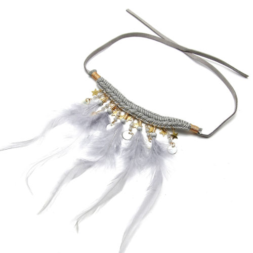 Collier-Bracelet-de-Bras-Ethnique-Indien-avec-Etoiles-Nacre-et-Plumes-Gris