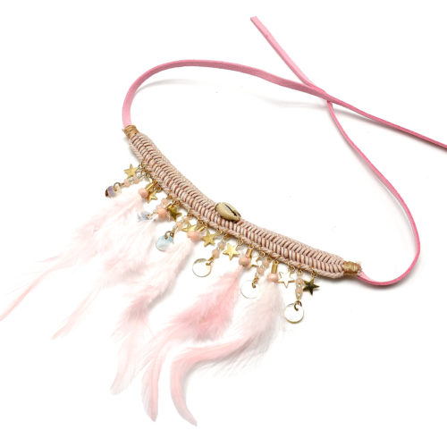 Collier-Bracelet-de-Bras-Ethnique-Indien-avec-Etoiles-Nacre-et-Plumes-Rose