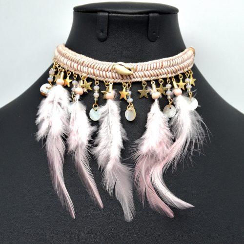 Collier-Bracelet-de-Bras-Ethnique-Indien-avec-Etoiles-Nacre-et-Plumes-Rose