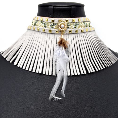 Collier-Bracelet-de-Bras-Ethnique-Indien-avec-Franges-et-Plume-Gris