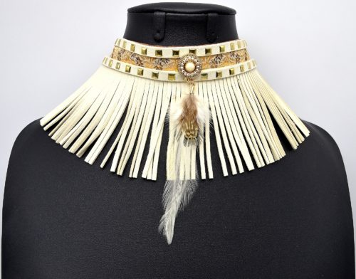 Collier-Bracelet-de-Bras-Ethnique-Indien-avec-Franges-et-Plume-Ecru