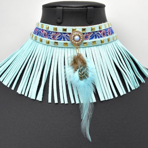 Collier-Bracelet-de-Bras-Ethnique-Indien-avec-Franges-et-Plume-Bleu