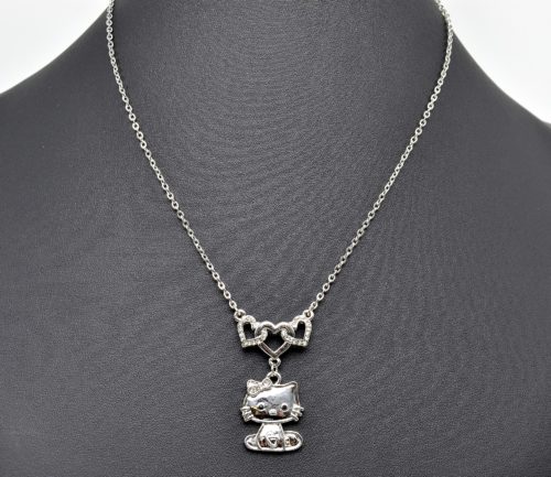 Collier-Pendentif-Triple-Coeurs-et-Chat-Metal-Argente