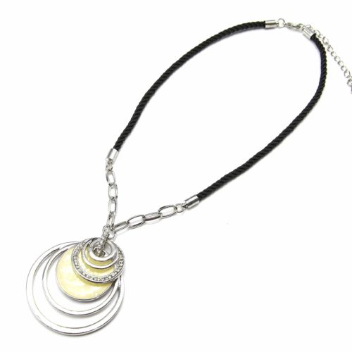 Collier-Cordon-Tresse-Noir-et-Pendentif-Multi-Cercles-Metal-Email-et-Strass-Argente