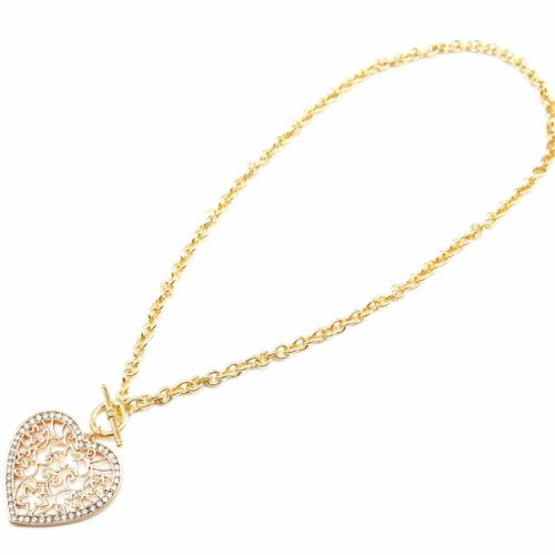 Collier-Chaine-Metal-Pendentif-Coeur-Fleuri-Contour-Strass-Dore