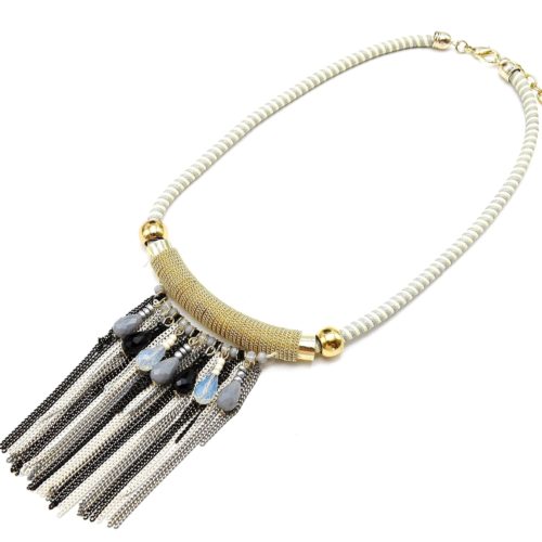 Collier-Plastron-Cordon-Tube-Metal-et-Multi-Chaines-Gris