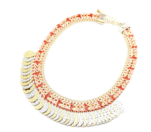 Collier-Plastron-Chaine-Zigzag-Tricolore-Corail-et-Gouttes-Metal-Argente-Dore