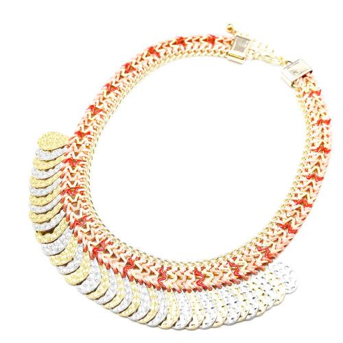 Collier-Plastron-Chaine-Zigzag-Tricolore-Corail-et-Gouttes-Metal-Argente-Dore