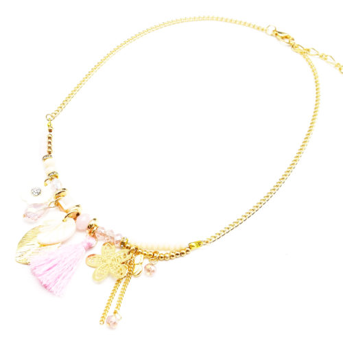 Collier-Perles-et-Multi-Charms-Fleurs-Feuilles-Pompon-Rose